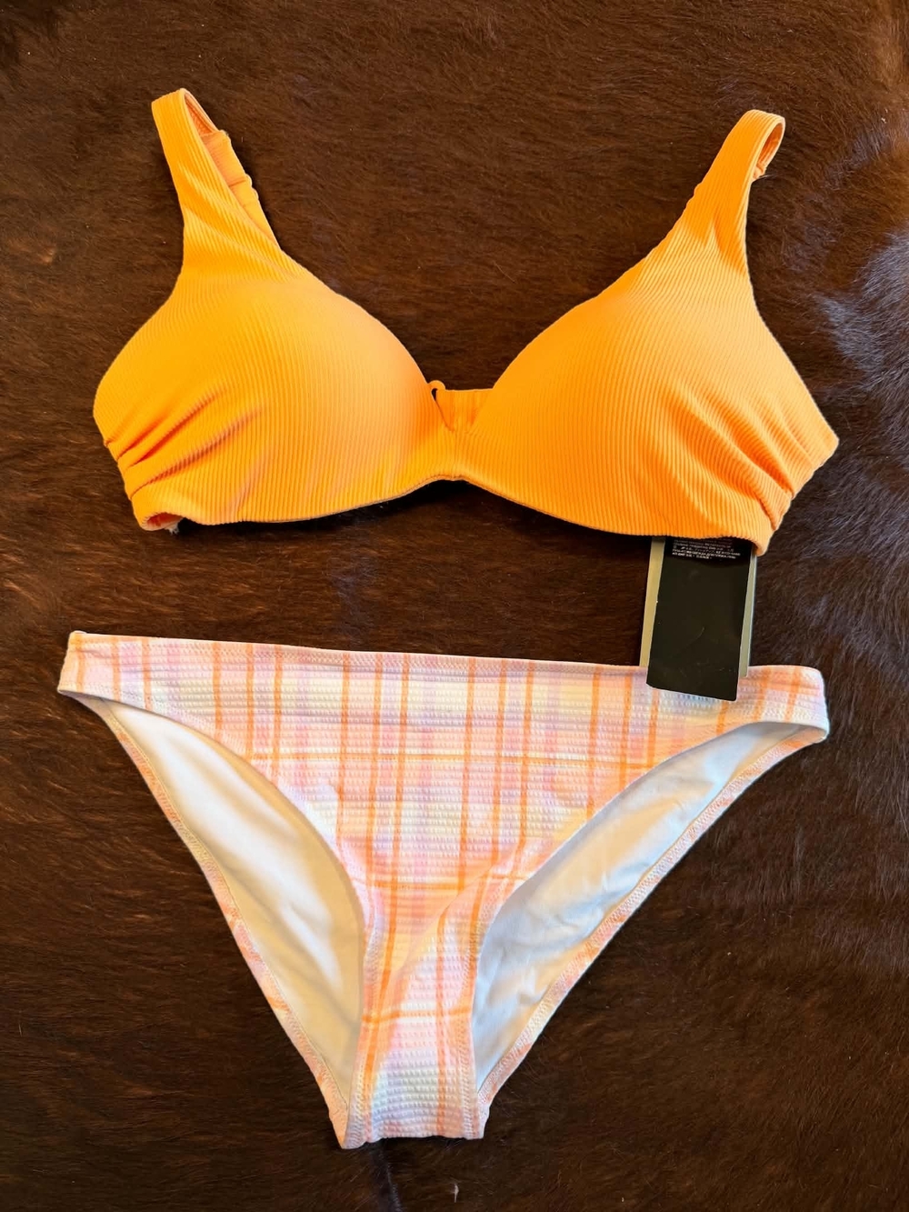 H&M Bright Orange Ribbed Bikini Top with Pastel Plaid Bottom